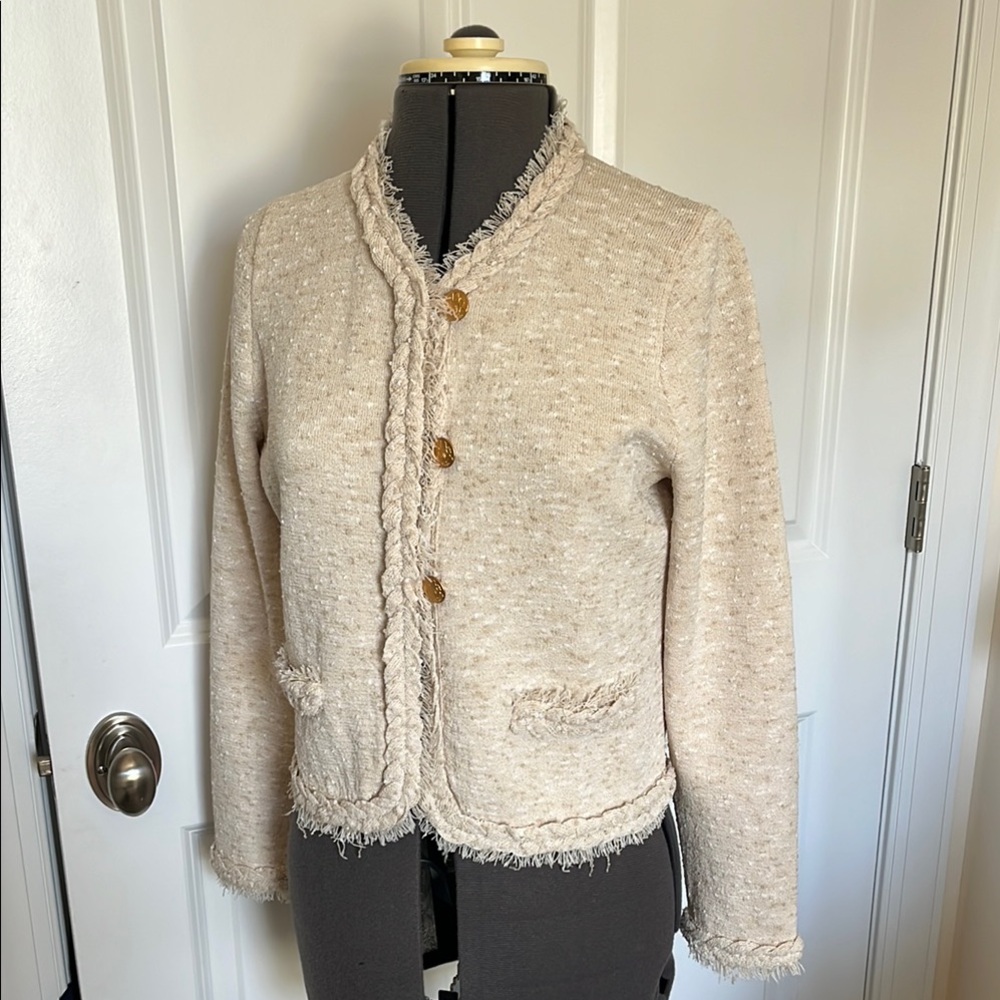 JCrew marled fringe trim sweater lady jacket, size small, natural sand. Worn 1x